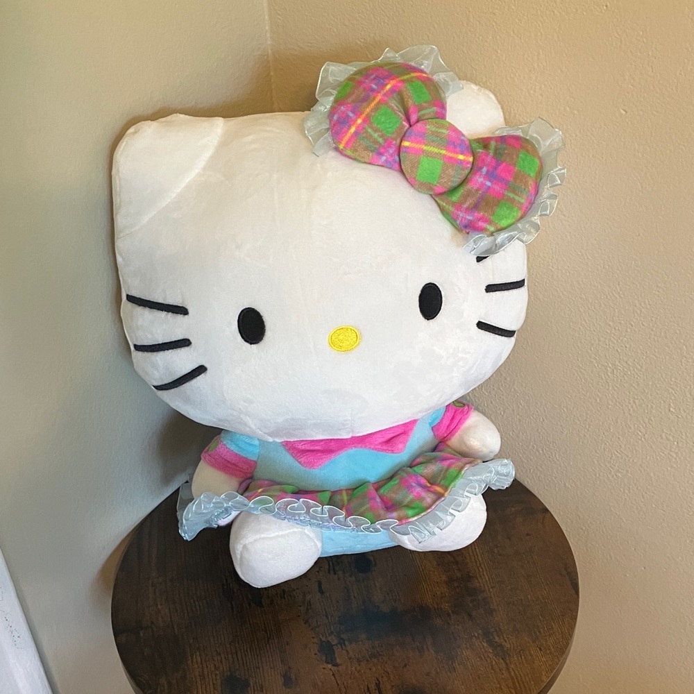 Hello Kitty Plush Pillow with White, Pink & Green Plaid Accents
